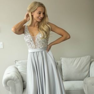 Grey Sparkle A Line V-Neck Long Formal Dress
